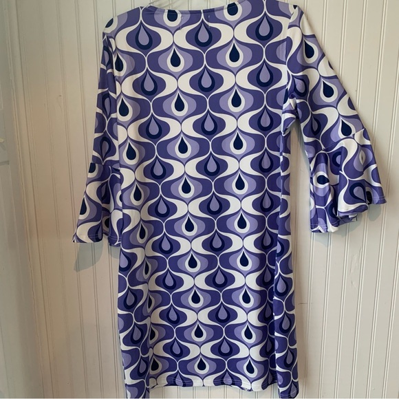 Erma’s Closet (NWT) (S) Dress, Round Neck, Purple Fun Pattern w/Belled Sleeves - Picture 6 of 6